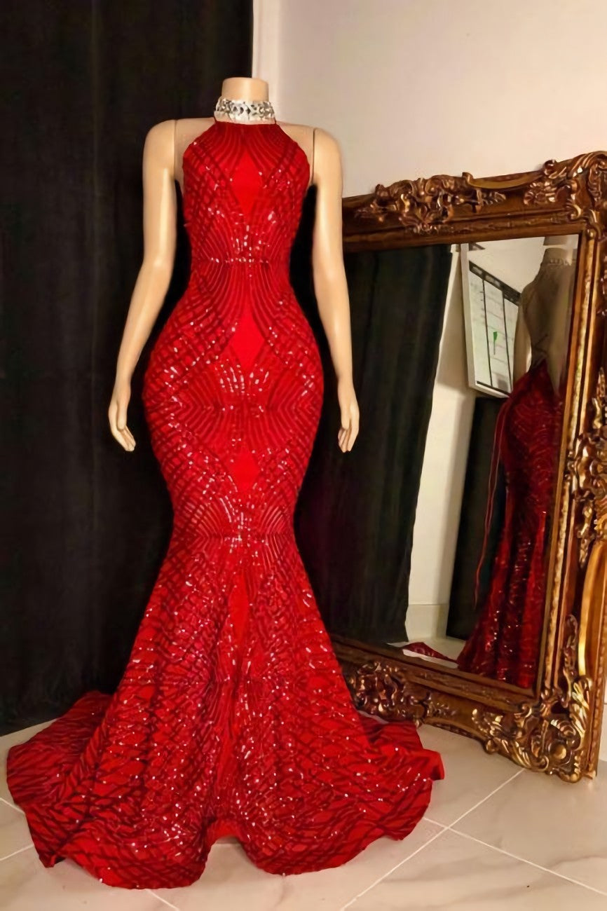 Halter Sleeveless Red Long Sequin Trumpet Prom Dresses