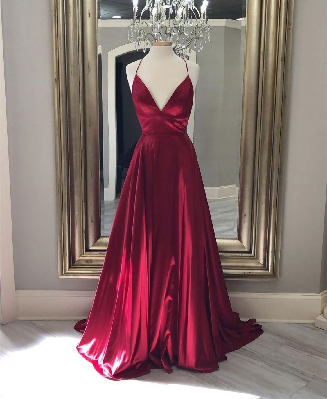 Spaghetti Straps Evening Gowns Dark Red Long Prom Dresses