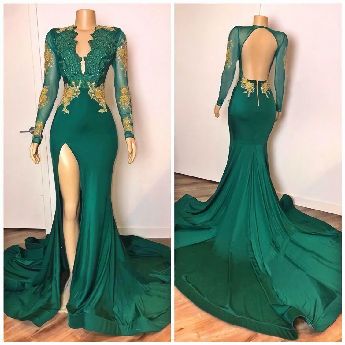 Green Long Sleeves V Neck Lace Mermaid Prom Dress