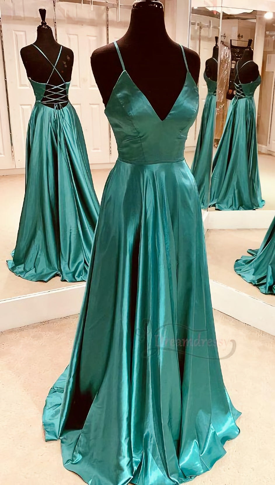 Simple A Line V Neck Teal Long Prom Dress, With Lace Up Back