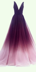 A Line V Neck Chiffon Ombre Long Prom Dresses, Simple Formal Gown