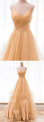 Custom Made Gold V Neck Tulle Long Prom Dress, Evening Dress