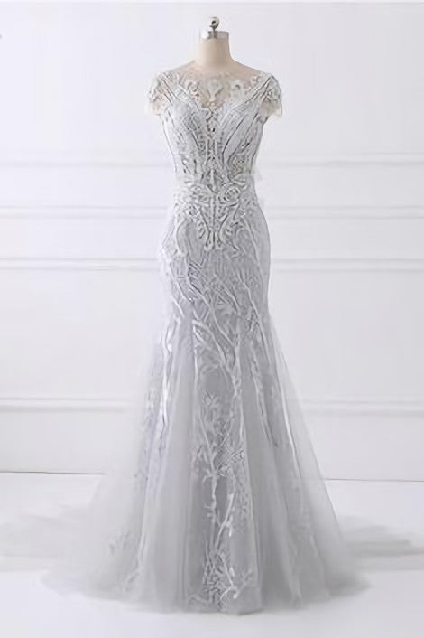 Spring Gray Tulle Long Mermaid Prom Dress, Beaded Lace Evening Gown