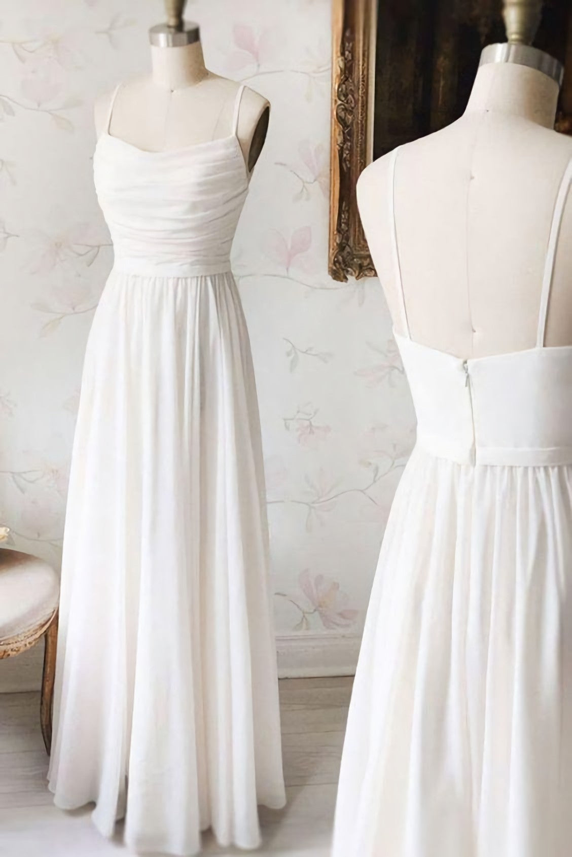 Simple White Chiffon V Neck Long Prom Dress, White Evening Dress