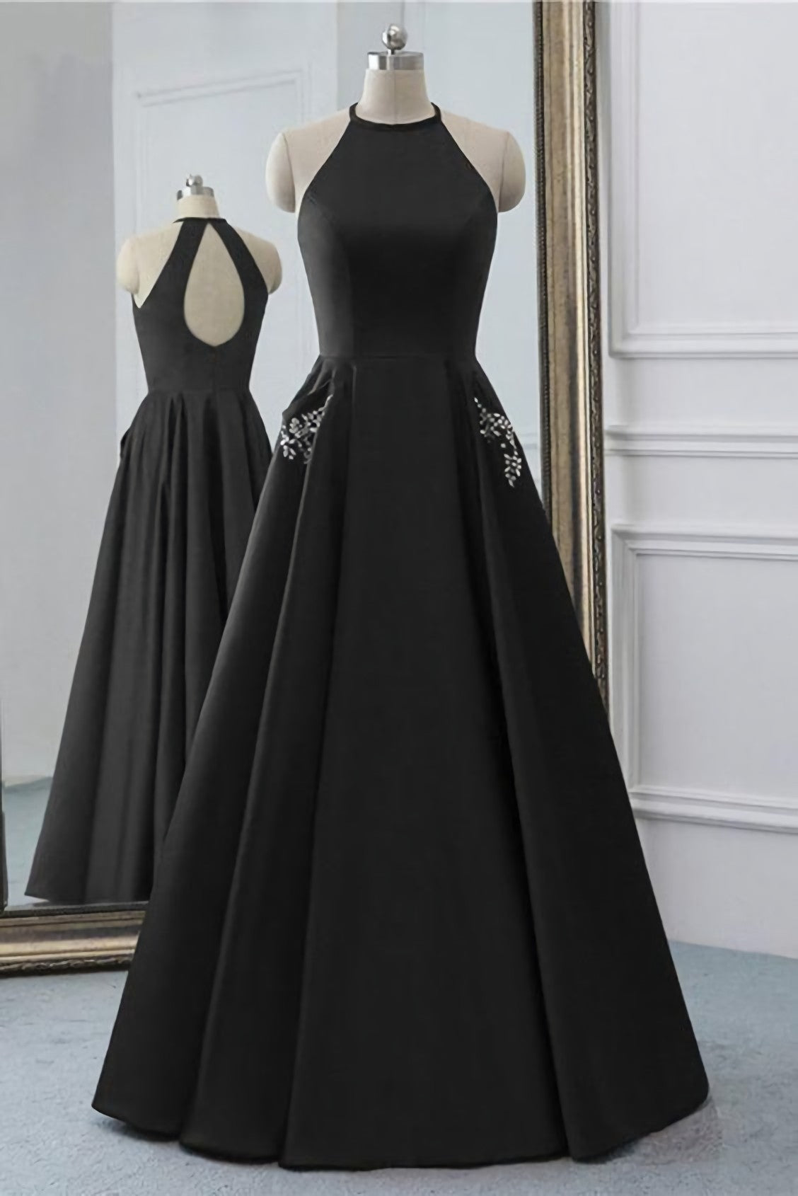 Simple Black Satin Open Back Long O Neck Prom Dress, Evening Dress