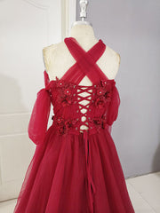 Dark Red Tulle Lace Long Prom Dress, Red Tulle Lace Evening Dress