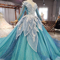 Blue Princess Sparkle Frost Fairy Queen Costume Wedding Dress, Bridal Ball Gown Long Sleeve Long Train Cosplay Off The Shoulder