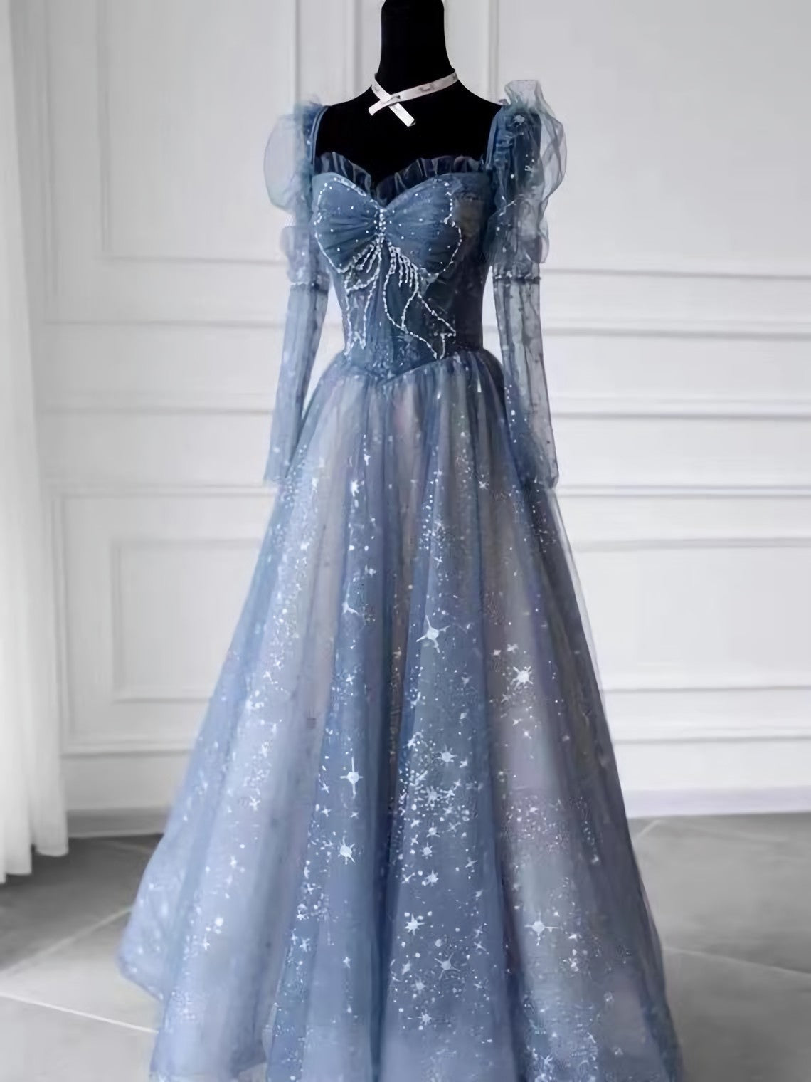 Unique Long Sleeve Prom Dress, Frozen Blue Dress, Haute Couture Temperament Evening Dress, Princess Dress, Custom Made
