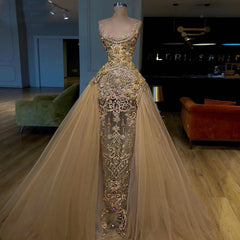 Gold Detachable Sequins Prom Dress, Sheath Fashion Lace Evening Dresses, 2024 Party Dresses, Custom Make Formal Dress