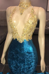 V Neck Appliques Spaghetti Straps Velvet Royal Blue Mermaid Prom Dresses