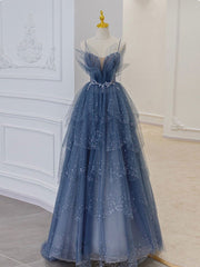 Blue Sweetheart Tulle Sequin Long Prom Dress, Blue Evening Dress