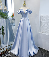 Blue Satin Long A Line Prom Dress, Blue Evening Dress