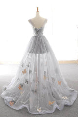 Gray Long Prom Dress with Butterfly, New Arrival Unique Evening Dress