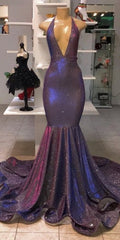Chic Deep V-Neck Sleeveless Prom Dresses New Arrival Halter Memaiad Sequins Evening Gowns