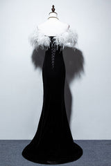 Black Velvet Mermaid Prom Dress with Feather, Off the Shoulder Long Evening Gown