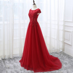 Elegant Red Tulle Long Prom Dress with Lace Applique, Red Party Gowns