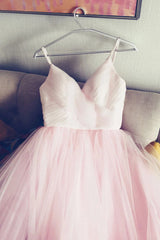 Light Pink Spaghetti Straps Tulle Long Prom Formal Dress, Puffy Party Dress