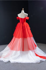 Red and White off the Shoulder Tired Prom Dress, Puffy Formal Party Dresses
