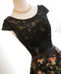 Black Lace Floral Patterns Long Prom Dress, Black Evening Dress