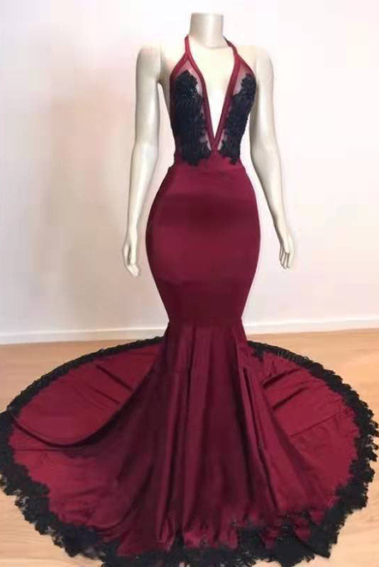Burgundy Halter Deep V Neck Mermaid Prom Dress with Lace, Long Evening Gown