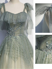 Gray Green Tulle Sequin Beads Long Prom Dress, Green Evening Dress