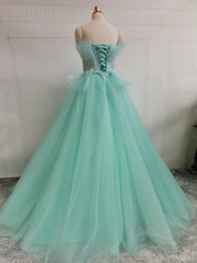 Green  A-Line Tulle Lace Long Prom Dress, Green Sweet 16 Dress