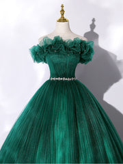 Green Off Shoulder Tulle Long Prom Dress, Green Sweet 16 Dress