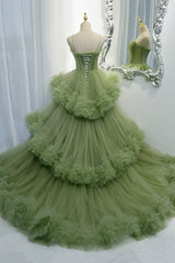 Green Spaghetti Straps Tulle Layers Long Formal Dress, Green Evening Party Dress