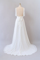 Long Empire A-line V-neck Lace Chiffon Open Back Wedding Dress