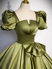 Green Satin Short Sleeve Floor Length Formal Dress, Green A-Line Prom Dress