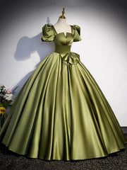 Green Satin Short Sleeve Floor Length Formal Dress, Green A-Line Prom Dress