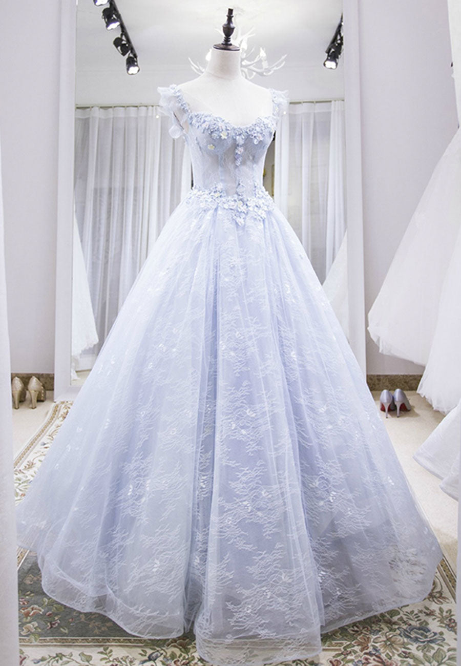 Light Blue Tulle Lace Long Prom Dress, A-Line Graduation Dress