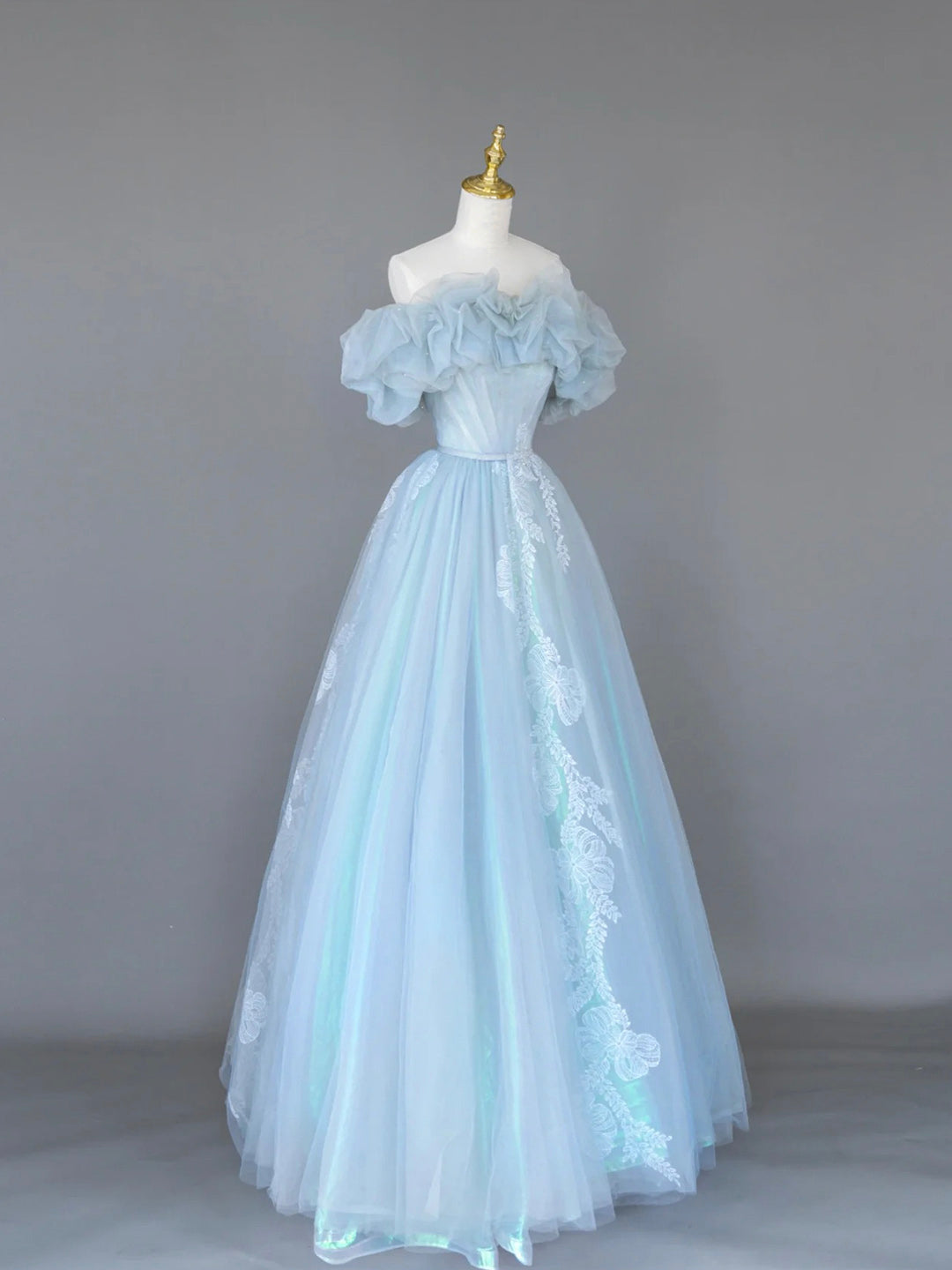 Light Blue Tulle Lace Long Prom Dress, Beautiful Off Shoulder Evening Party Dress