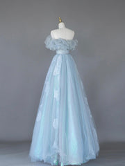 Light Blue Tulle Lace Long Prom Dress, Beautiful Off Shoulder Evening Party Dress
