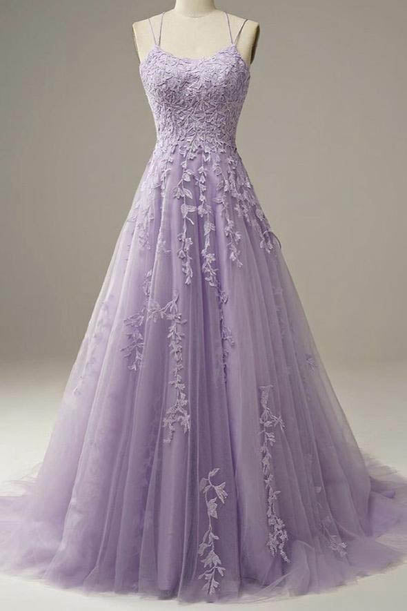 Light Purple Lace Applique A Line Spaghetti Straps Prom Dress Evening Gown
