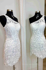 One Shoulder Short Lace Prom Dresses, Short Lace Formal Homecoming Dresses