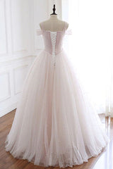 Pearl Pink Straps A Line Tulle Long Prom Dress with Pearls, Long Formal Gown