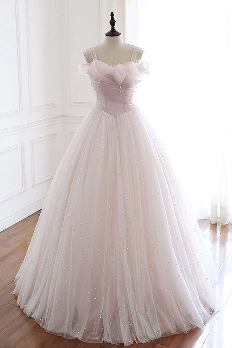Pearl Pink Straps A Line Tulle Long Prom Dress with Pearls, Long Formal Gown