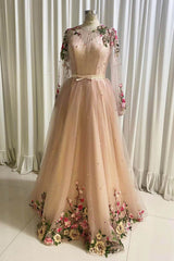 A Line Tulle Long Prom Dress with Flowers, Pink Long Sleeves Party Dress with Beading