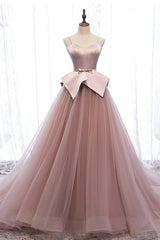 Pink Spaghetti Straps Tulle Long Formal Prom Dress, Unique Long Wedding Dess
