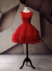 Red Round Neckline Layers Short Prom Dress, Red Lace Homecoming Dress