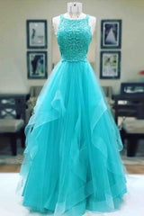 Elegant Charming Sleeveless Blue Tulle Lace Long Prom Dresses