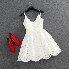Cute White Lace Short Lace Spaghetti Straps Prom Dresses