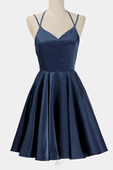 A Line Dark Blue Satin V Neck Short Sleeveless Backless Prom Dresses