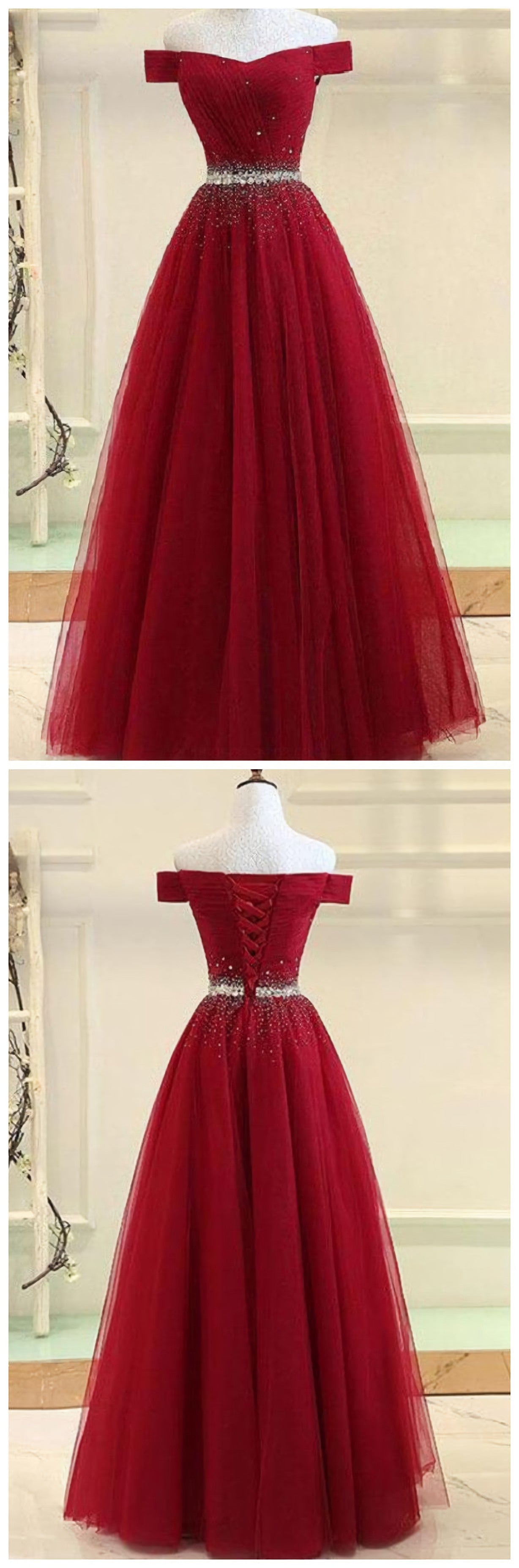 A Line Burgundy Off The Shoulder Lace Up Tulle Sweetheart Long Prom Dresses