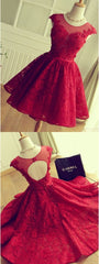 A Line Crew Cap Sleeves Red Lace Homecoming Dress With Appliques