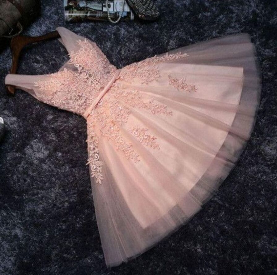 Princess V Neck Lace Appliques Beaded Short Prom Dress, Homecoming Dresses