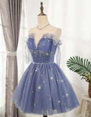 Flowy Cute A Line Blue Homecoming Dresses, Short Beading