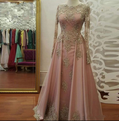 Modest Blush Pink Prom Dresses, African Long Sleeve Lace Appliques Beads Arabia Evening Party Gowns Vestidos De Fiesta Custom Made