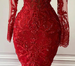 Arabic Aso Ebi Red Luxurious Lace Beaded Evening Dresses, Mermaid Long Sleeves Prom Dresses, Vintage Formal Party Second Reception Gowns